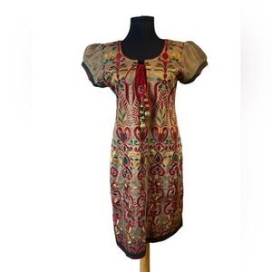 Beautiful Embroidered Tan Kurta With Red, Yellow and Green Embroidery